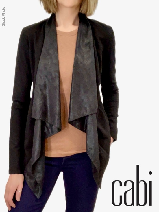 CAbi Jackets & Blazers - CAbi #527 Black Owens Jacket Waterfall Moto Faux Leather Trim Open Cardigan (L)